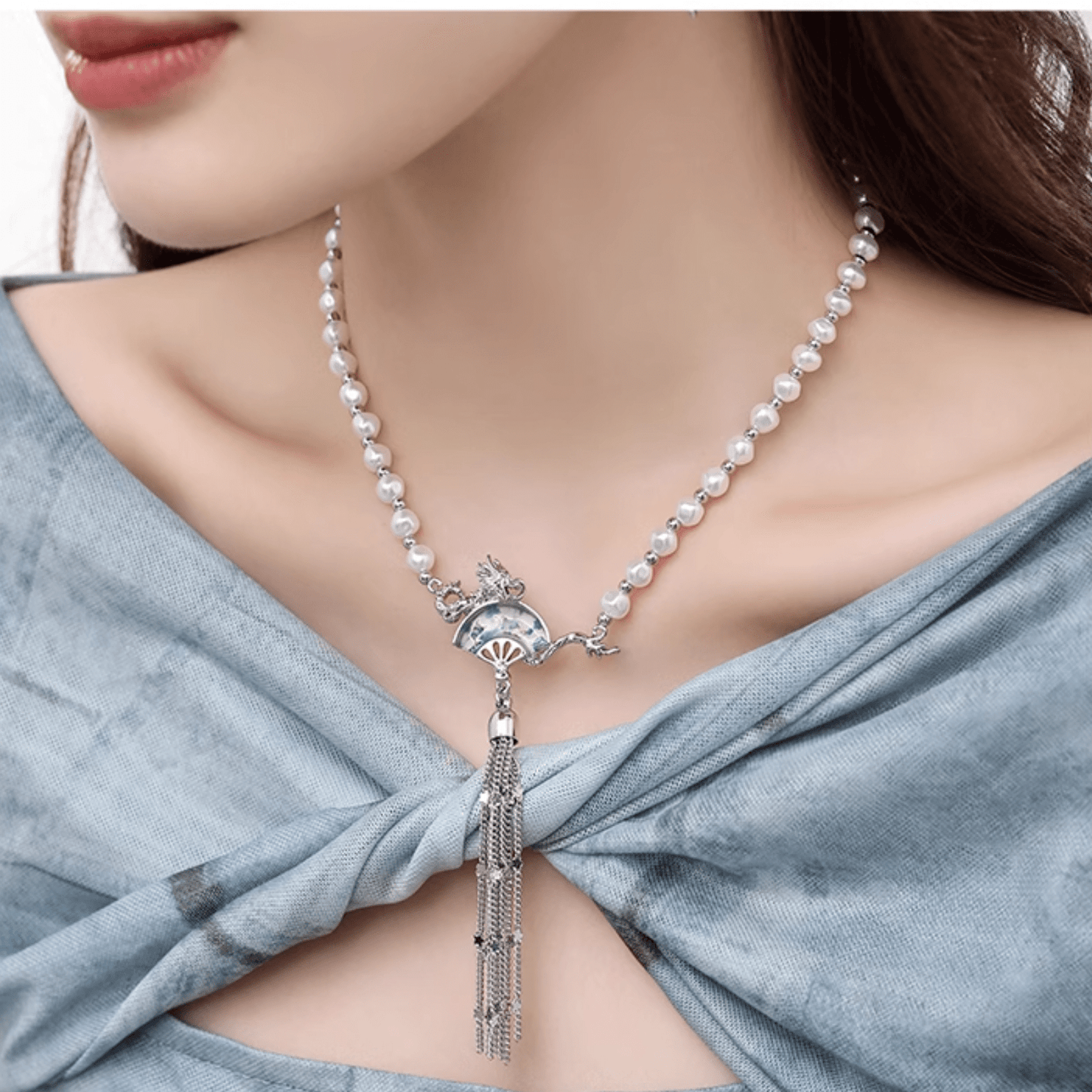 Dragon Fan Pearl Necklace with Silver Tassel | Sterling Silver Oriental Jewelry - Enola&SHEPersonalized NecklacePersonalized NecklacePersonalized NecklaceDragon Fan Pearl Necklace with Silver Tassel | Sterling Silver Oriental Jewelry