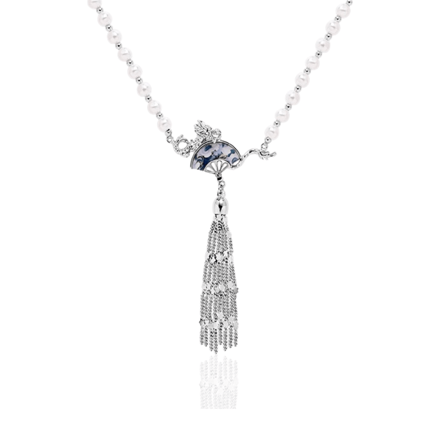 Dragon Fan Pearl Necklace with Silver Tassel | Sterling Silver Oriental Jewelry - Enola&SHEPersonalized NecklacePersonalized NecklacePersonalized NecklaceDragon Fan Pearl Necklace with Silver Tassel | Sterling Silver Oriental Jewelry
