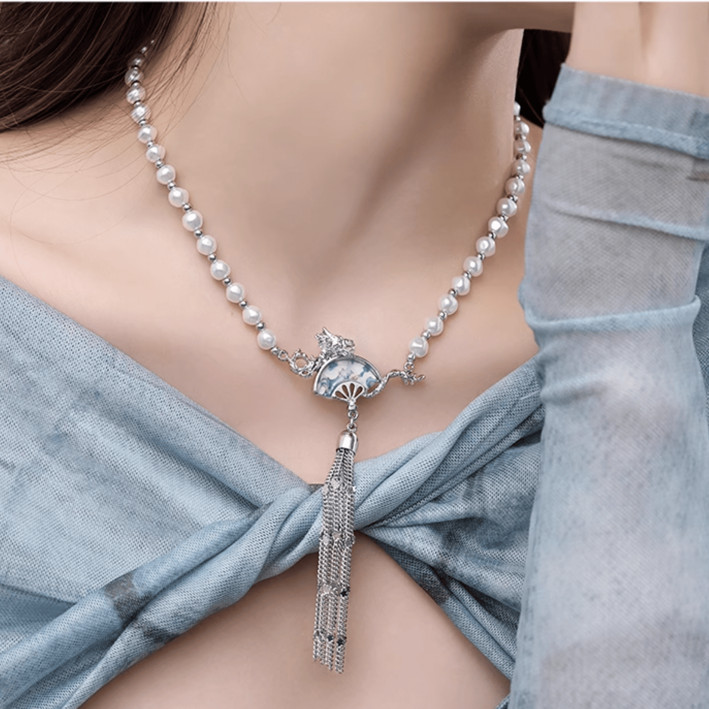 Dragon Fan Pearl Necklace with Silver Tassel | Sterling Silver Oriental Jewelry - Enola&SHEPersonalized NecklacePersonalized NecklacePersonalized NecklaceDragon Fan Pearl Necklace with Silver Tassel | Sterling Silver Oriental Jewelry
