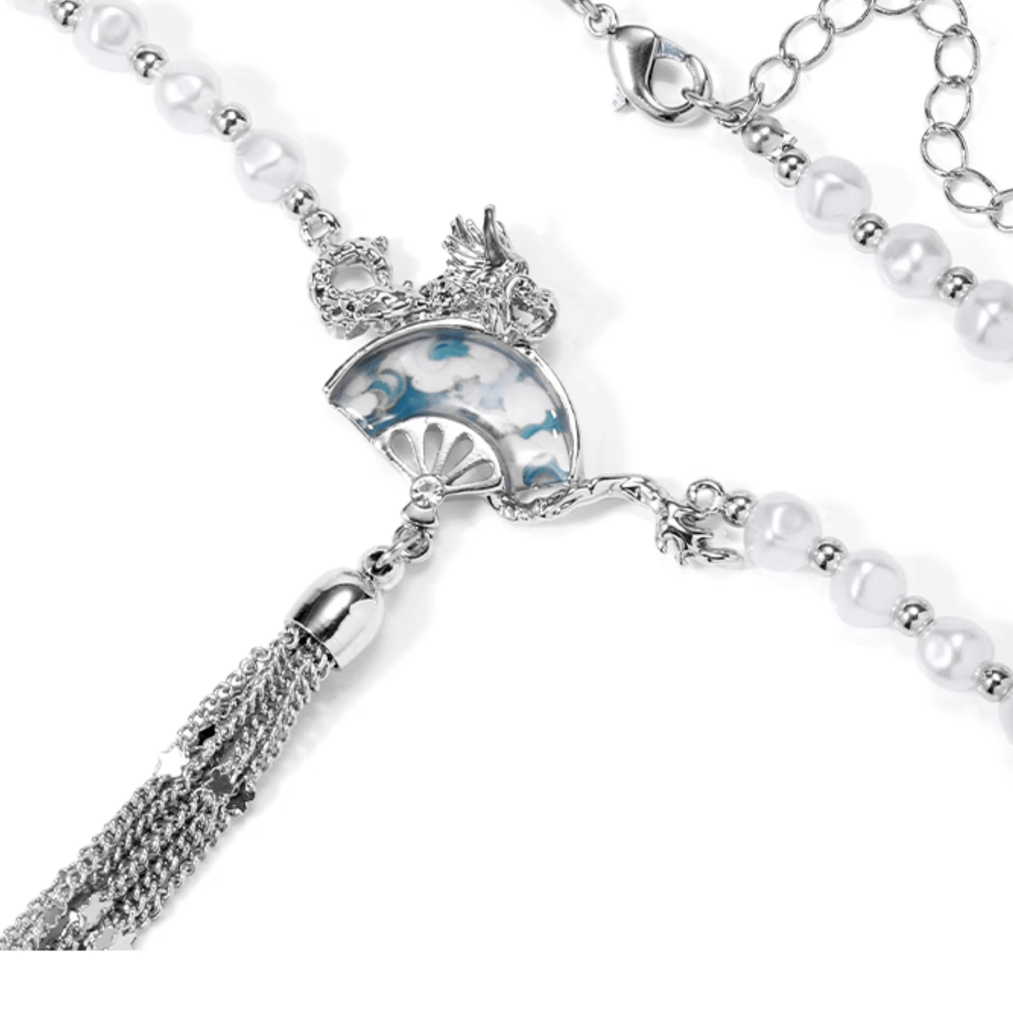 Dragon Fan Pearl Necklace with Silver Tassel | Sterling Silver Oriental Jewelry - Enola&SHEPersonalized NecklacePersonalized NecklacePersonalized NecklaceDragon Fan Pearl Necklace with Silver Tassel | Sterling Silver Oriental Jewelry