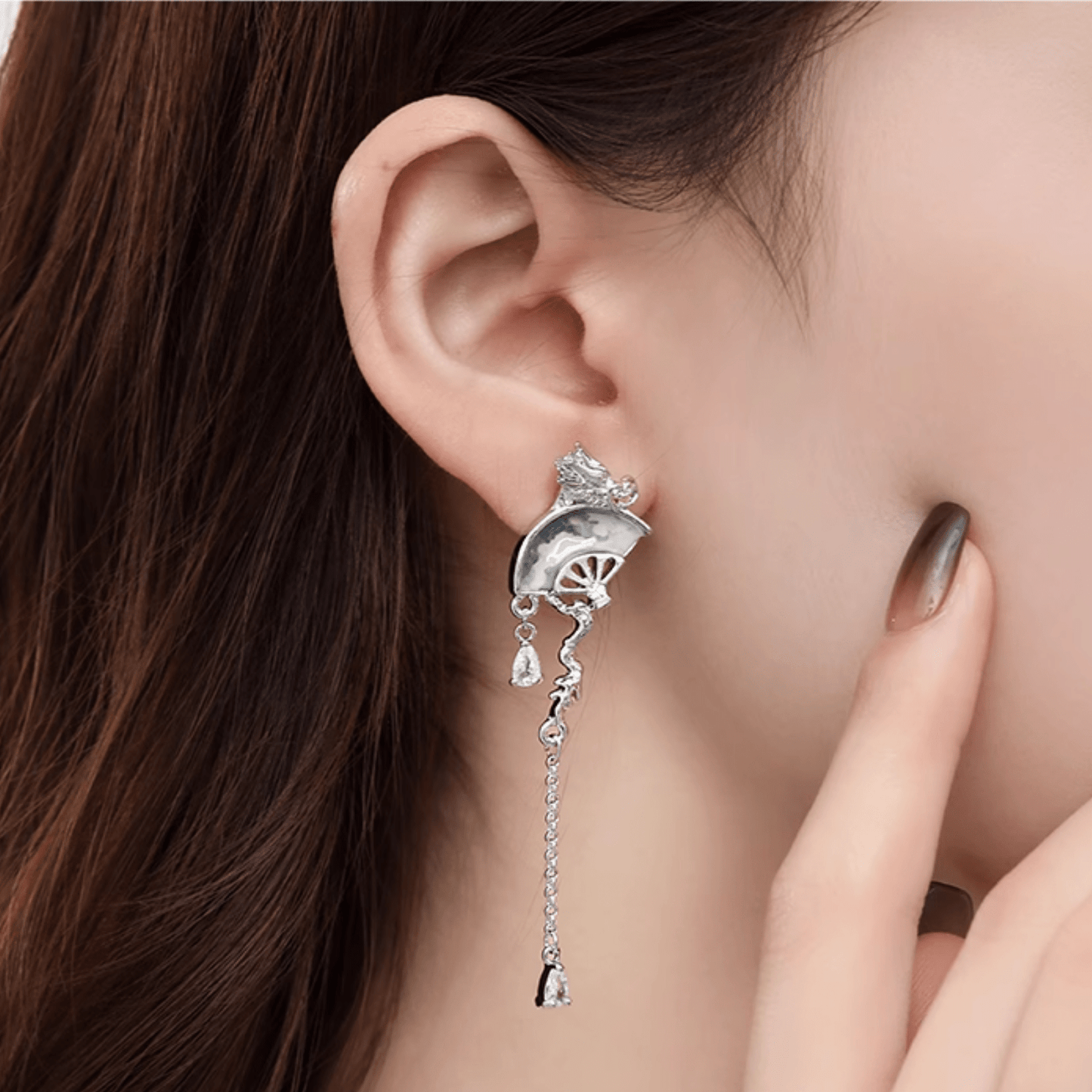 Dragon Fan Tassel Earrings | Sterling Silver & Abalone Shell Dangle Jewelry - Enola&SHEPersonalized EarringPersonalized EarringPersonalized EarringWoman wearing dragon fan tassel earrings