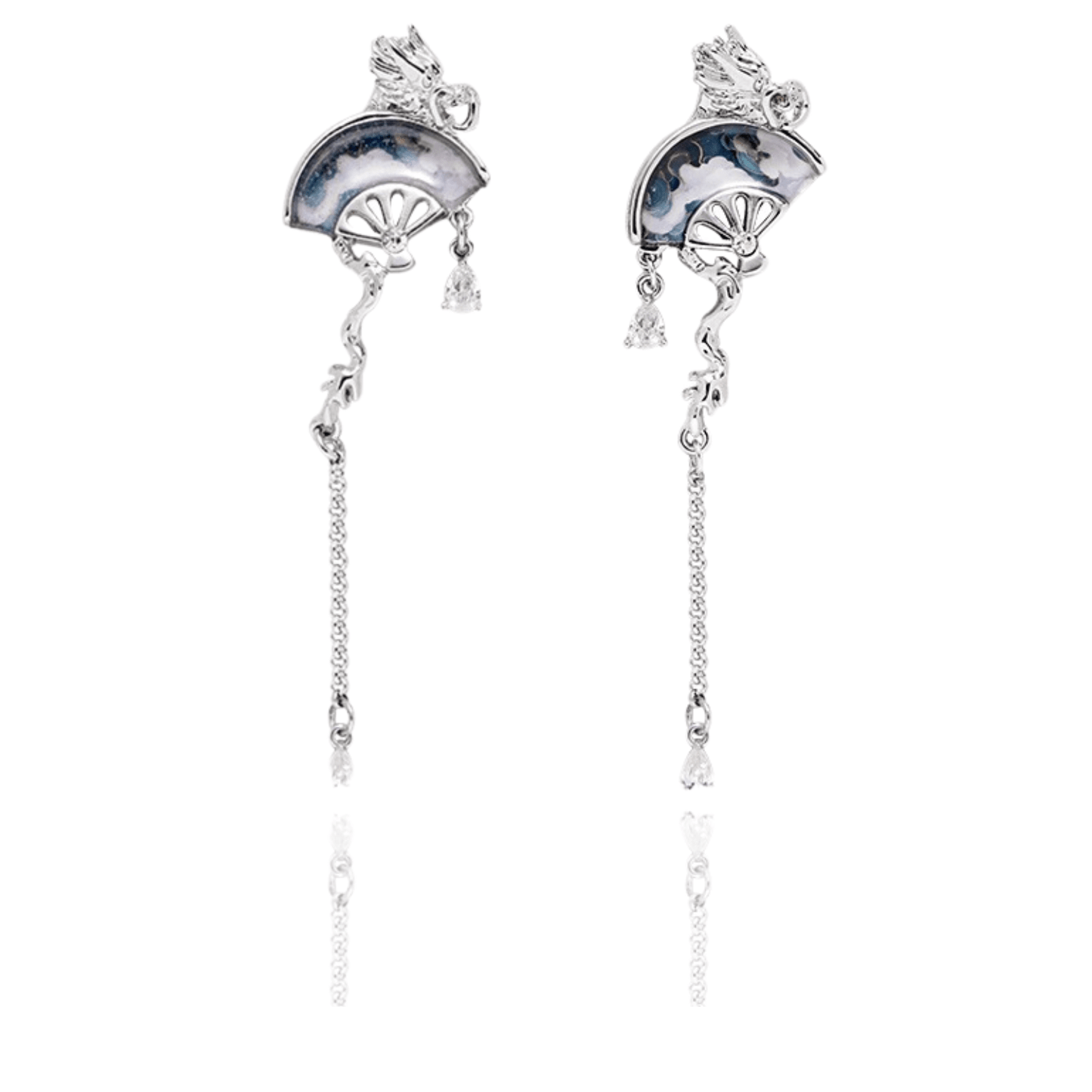 Dragon Fan Tassel Earrings | Sterling Silver & Abalone Shell Dangle Jewelry - Enola&SHEPersonalized EarringPersonalized EarringPersonalized EarringDragon Fan Sterling Silver Earrings with Abalone Shell and Silver Tassels