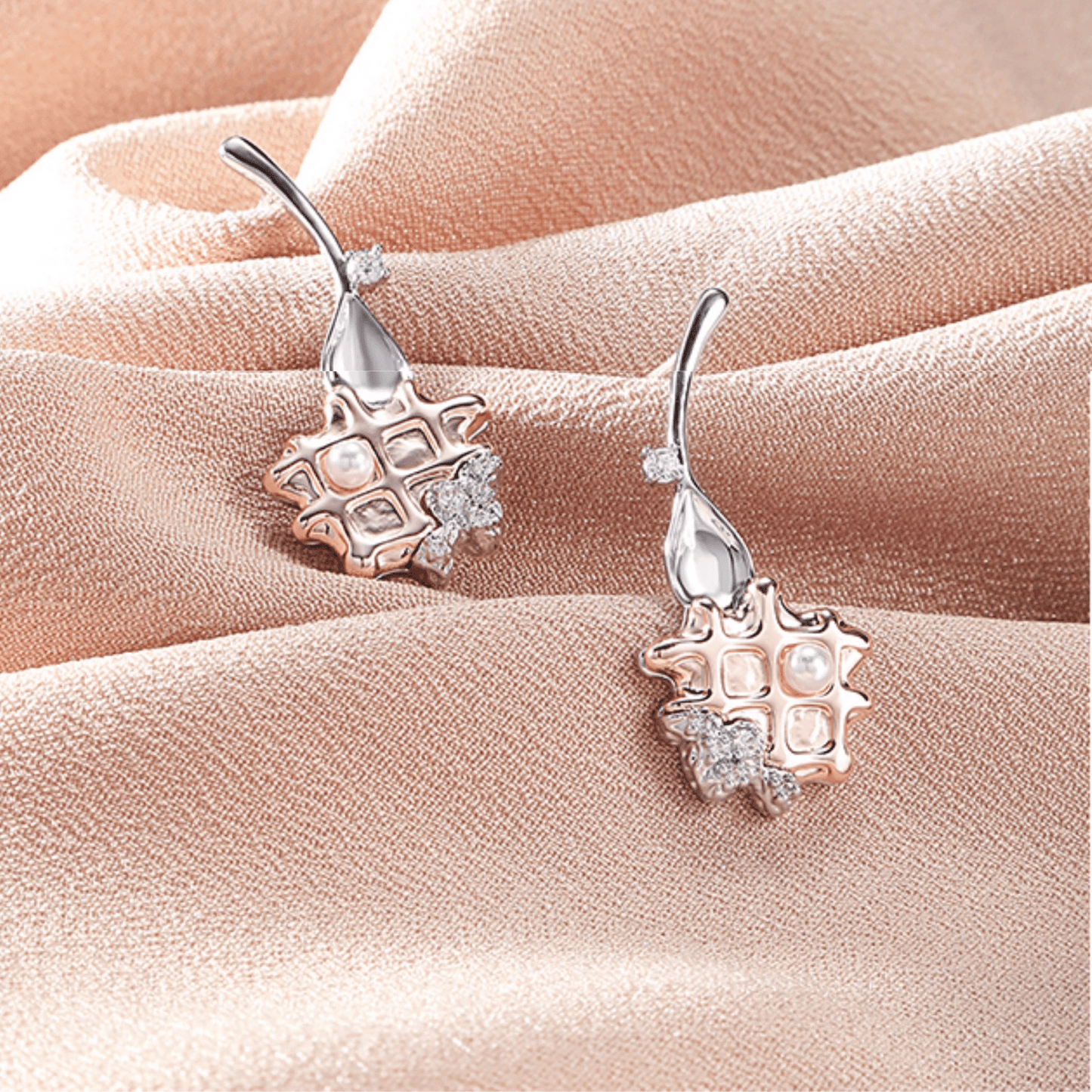 Rose Gold Pearl Waffle Earrings - Enola&SHEPersonalized EarringPersonalized EarringPersonalized EarringRose Gold Pearl Waffle Earrings