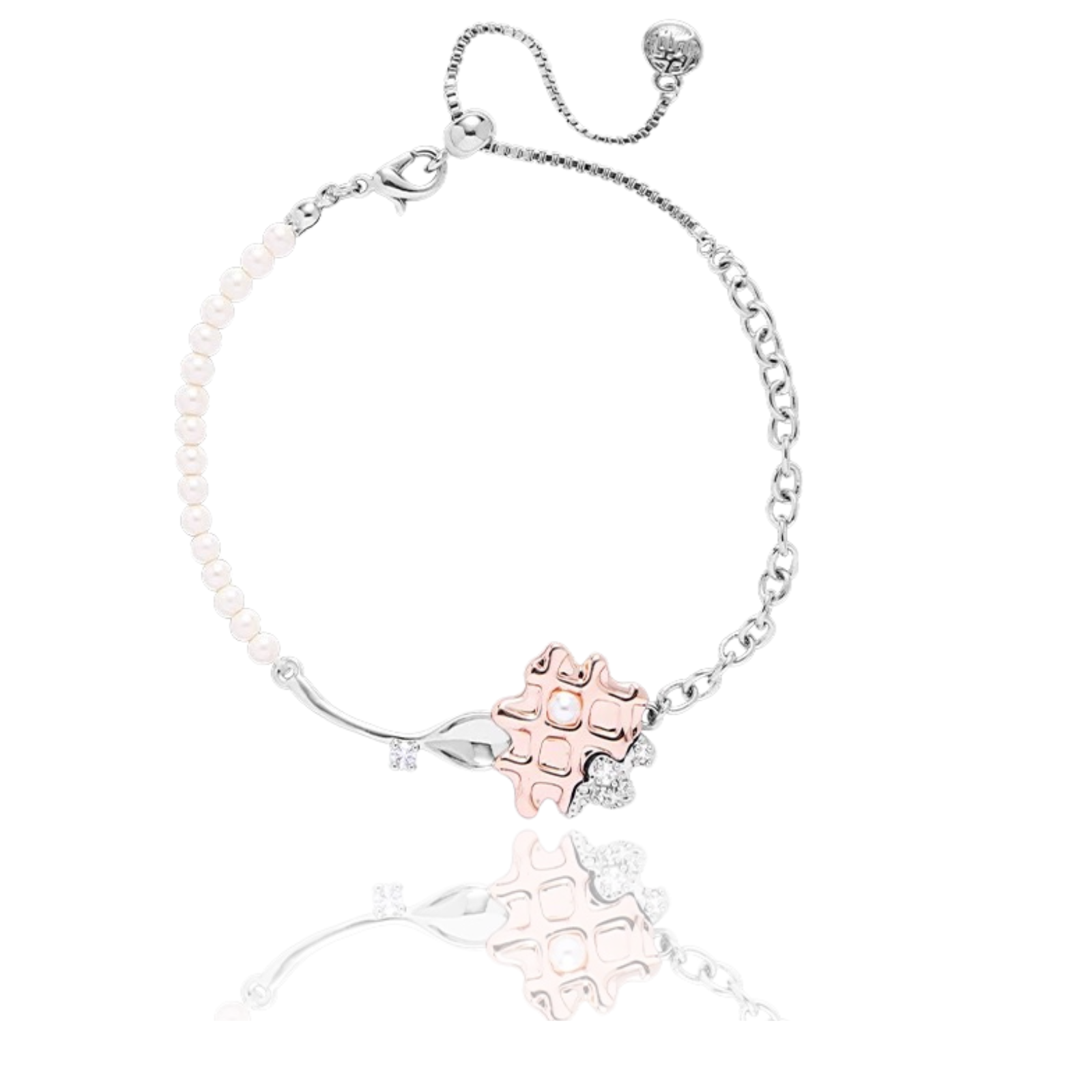 Rose gold waffle charm bracelet with pearls and chain