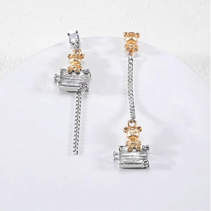 Asymmetrical Teddy Bear Chain Drop Earrings