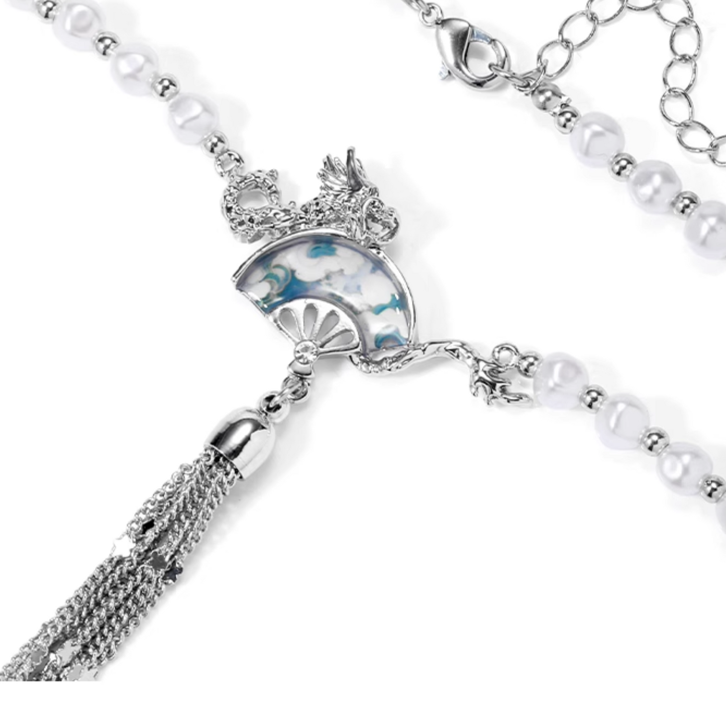 Dragon Fan Pearl Necklace with Silver Tassel | Sterling Silver Oriental Jewelry