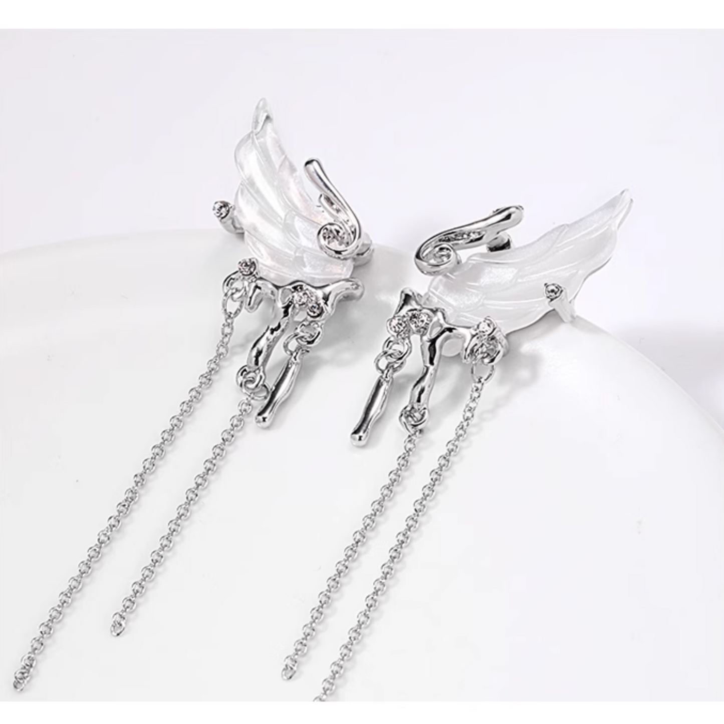 Celestial Elegant White Tassel Wing Earrings