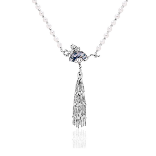 Dragon Fan Pearl Necklace with Silver Tassel | Sterling Silver Oriental Jewelry