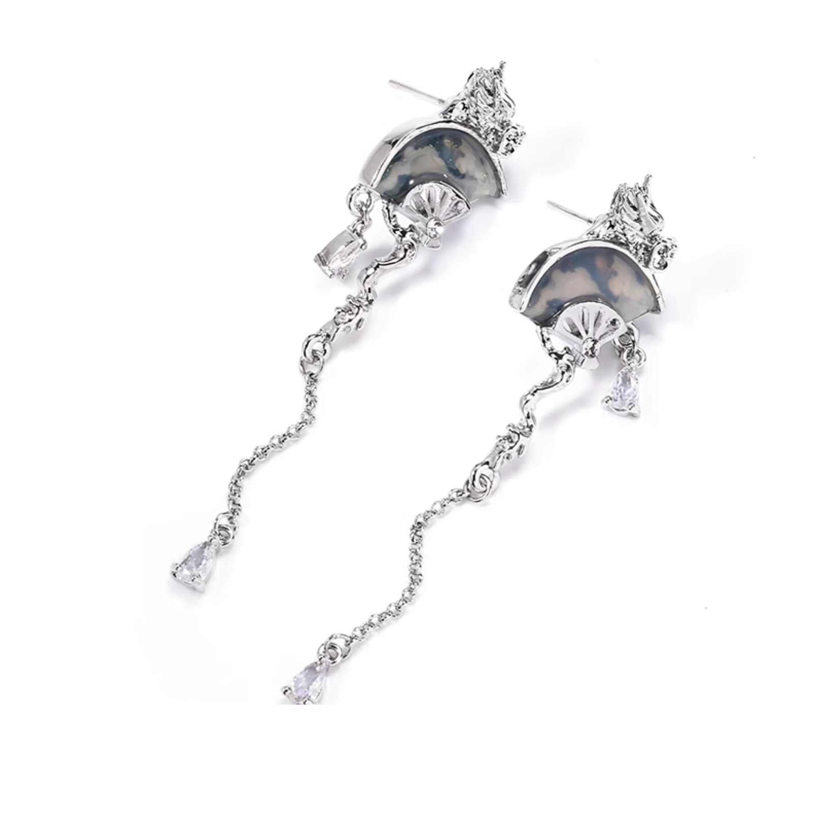 Dragon fan earrings with detachable silver tassels