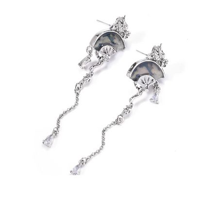 Dragon fan earrings with detachable silver tassels