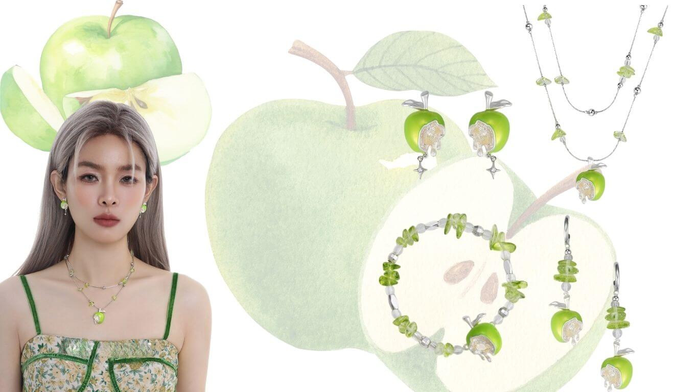 Fresh Green Apple Peridot Jewelry Set - Necklace, Earrings & Bracelet
