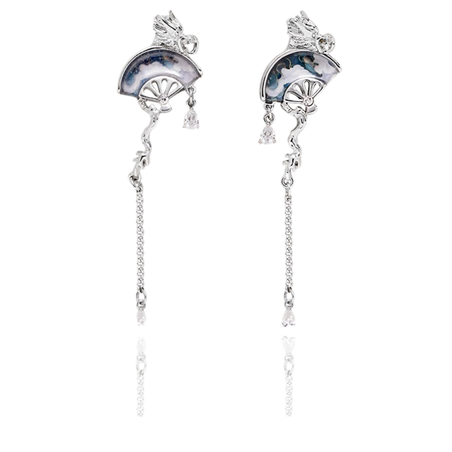 Dragon Fan Sterling Silver Earrings with Abalone Shell and Silver Tassels