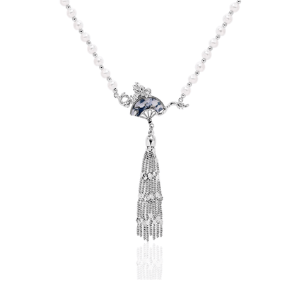 Dragon Fan Pearl Necklace with Silver Tassel | Sterling Silver Oriental Jewelry - Enola&SHEPersonalized NecklacePersonalized NecklacePersonalized NecklaceDragon Fan Pearl Necklace with Silver Tassel | Sterling Silver Oriental Jewelry