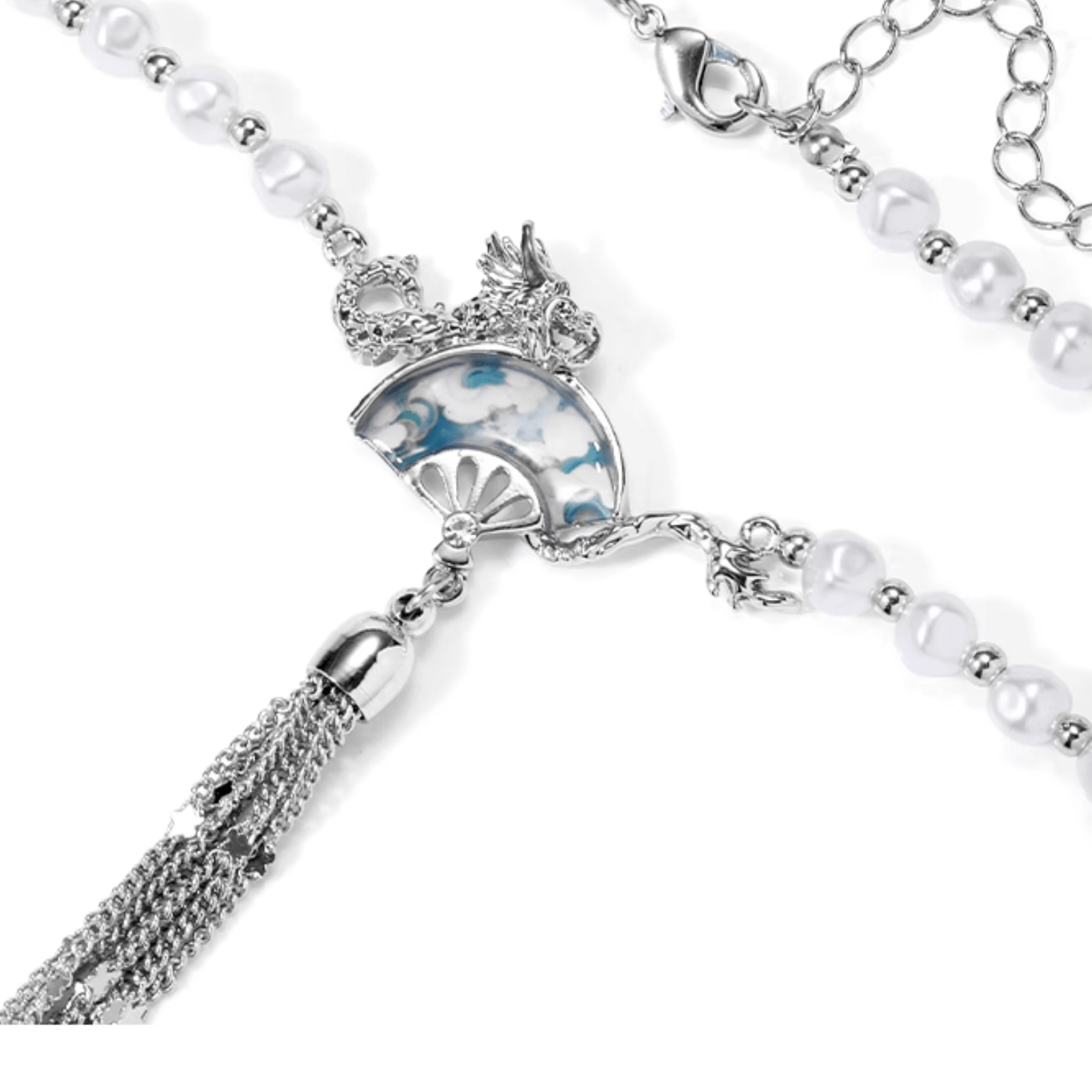 Dragon Fan Pearl Necklace with Silver Tassel | Sterling Silver Oriental Jewelry - Enola&SHEPersonalized NecklacePersonalized NecklacePersonalized NecklaceDragon Fan Pearl Necklace with Silver Tassel | Sterling Silver Oriental Jewelry