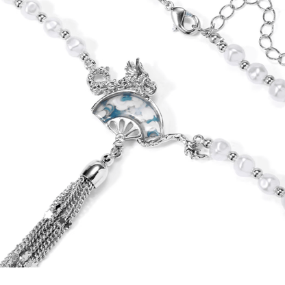 Dragon Fan Pearl Necklace with Silver Tassel | Sterling Silver Oriental Jewelry - Enola&SHEPersonalized NecklacePersonalized NecklacePersonalized NecklaceDragon Fan Pearl Necklace with Silver Tassel | Sterling Silver Oriental Jewelry
