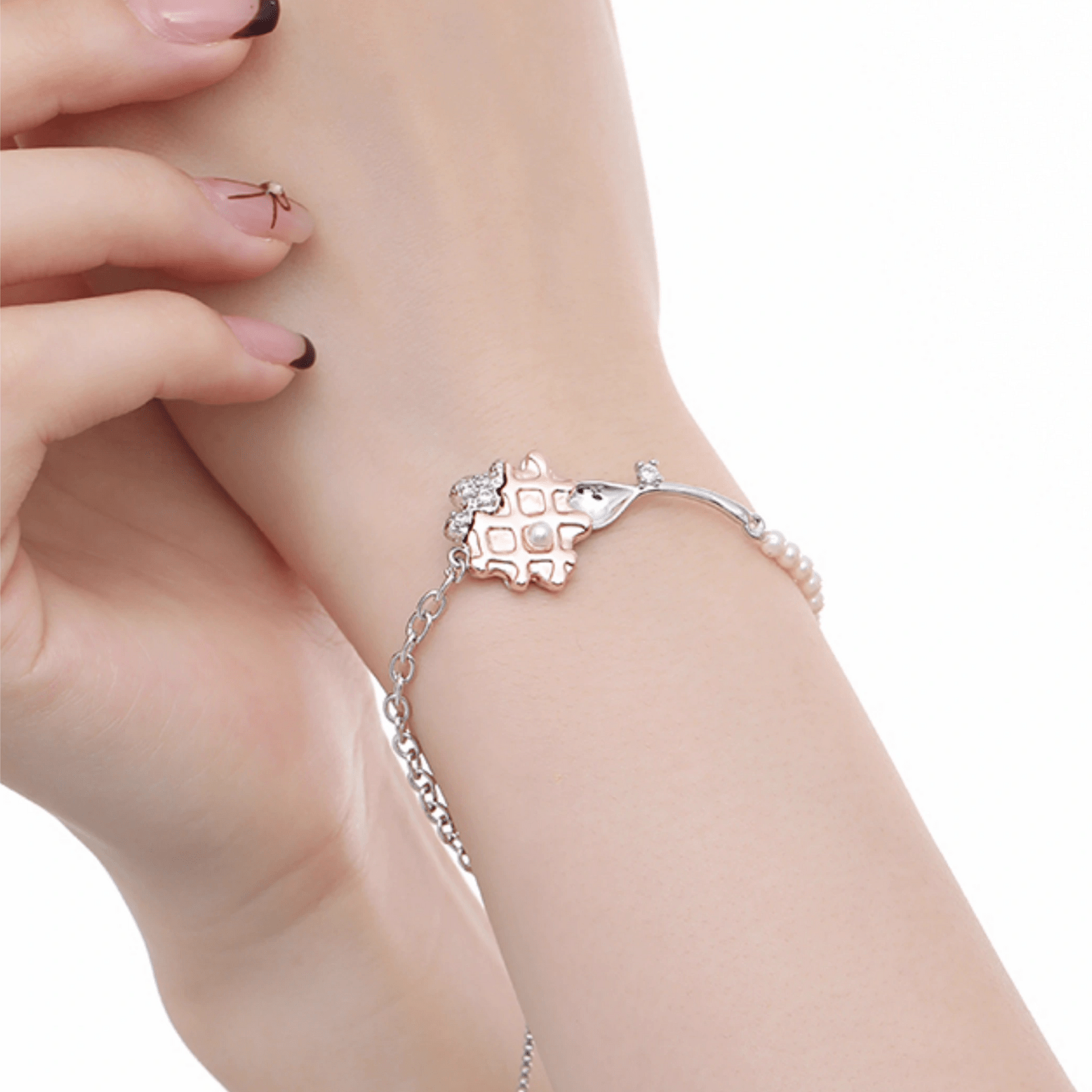 Waffle Charm Bracelet - Enola&SHEpersonal Braceletpersonal Braceletpersonal BraceletWaffle charm bracelet with pearls and rose gold chain