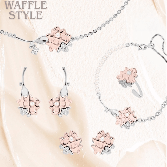 Full Enola & SHE Waffle Style Jewelry Collection, including the necklace, bracelet, earrings, and ring in silver and rose gold with pearls.